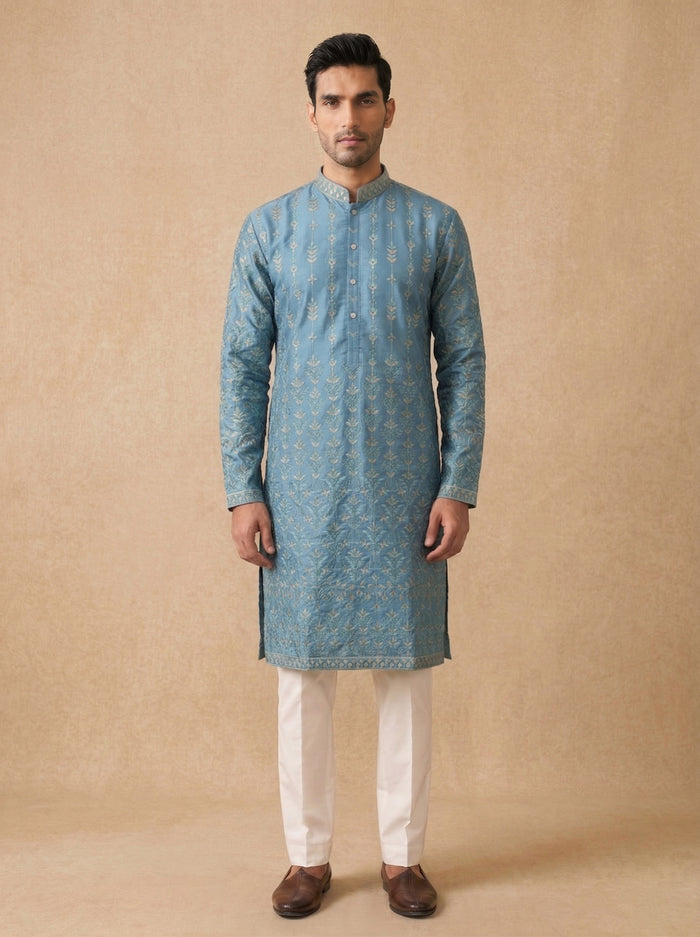 Green Silk Kurta Set with White Aligarhi – Tribal Embroidered Ethnic Wear - KORANM