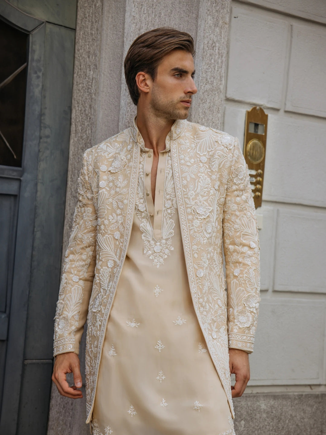 Classic Cream Jali Silk Indo Western Set - KORANM