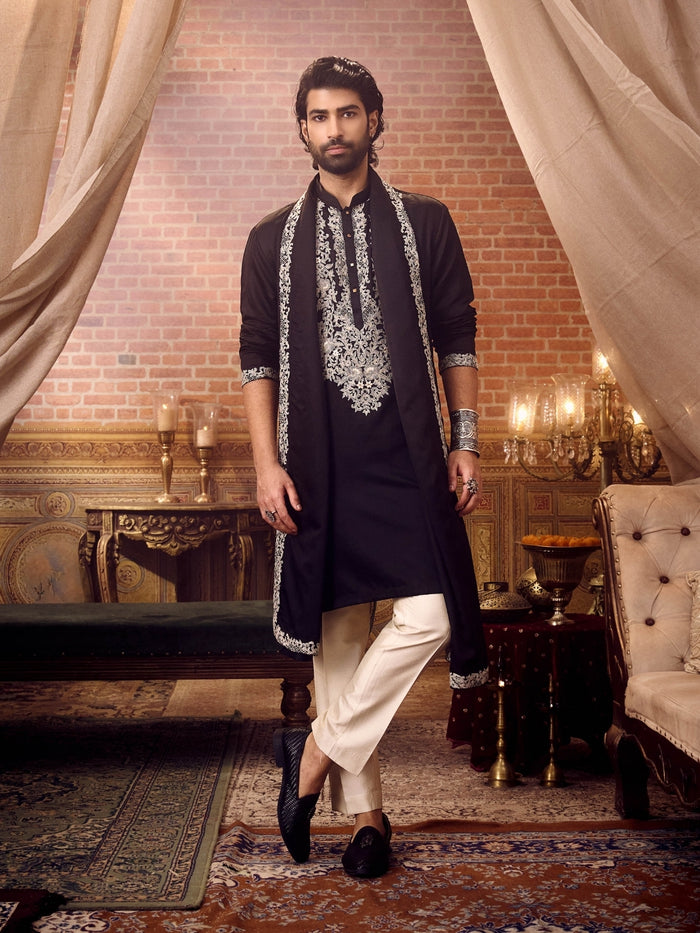 Classic Black Embroidered Satin Linen Kurta Set