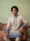 Indigo & Natural Ombré Linen Embroidered Kurta & Palazzo Set - KORANM
