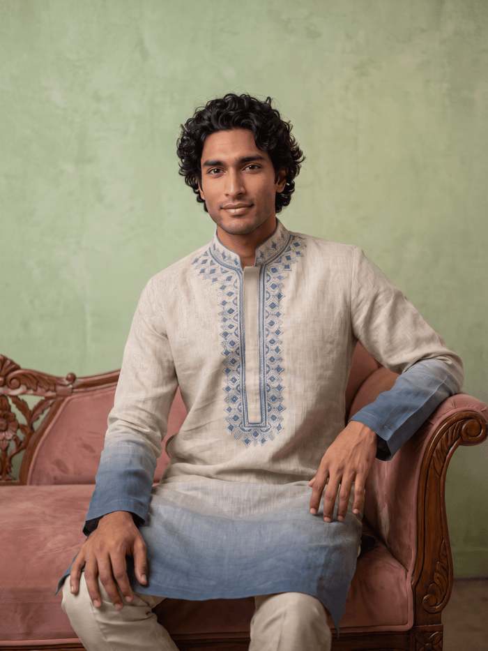 Indigo & Natural Ombré Linen Embroidered Kurta & Palazzo Set - KORANM