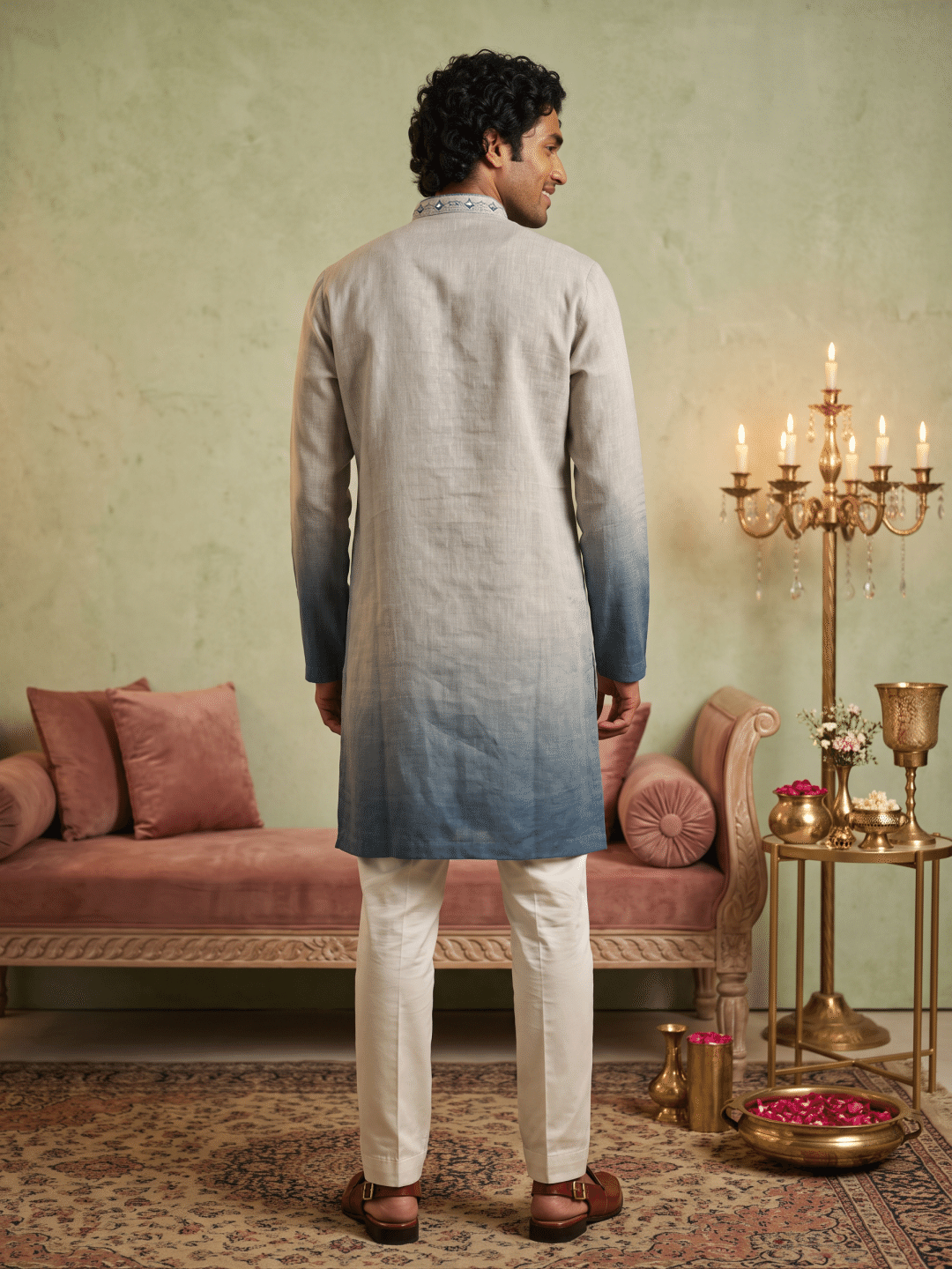 Indigo & Natural Ombré Linen Embroidered Kurta & Palazzo Set - KORANM