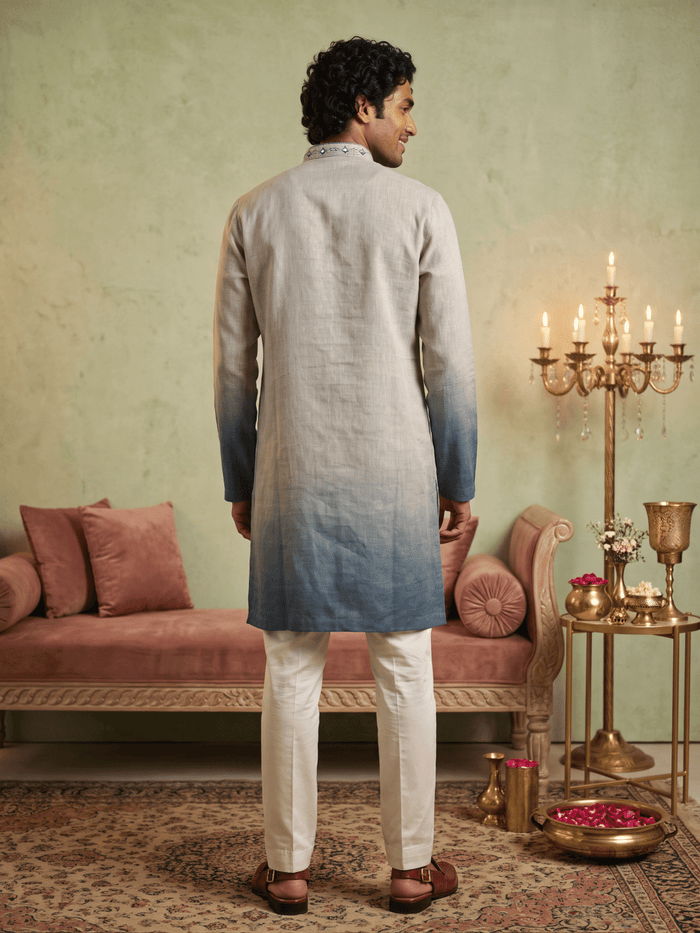 Indigo & Natural Ombré Linen Embroidered Kurta & Palazzo Set - KORANM