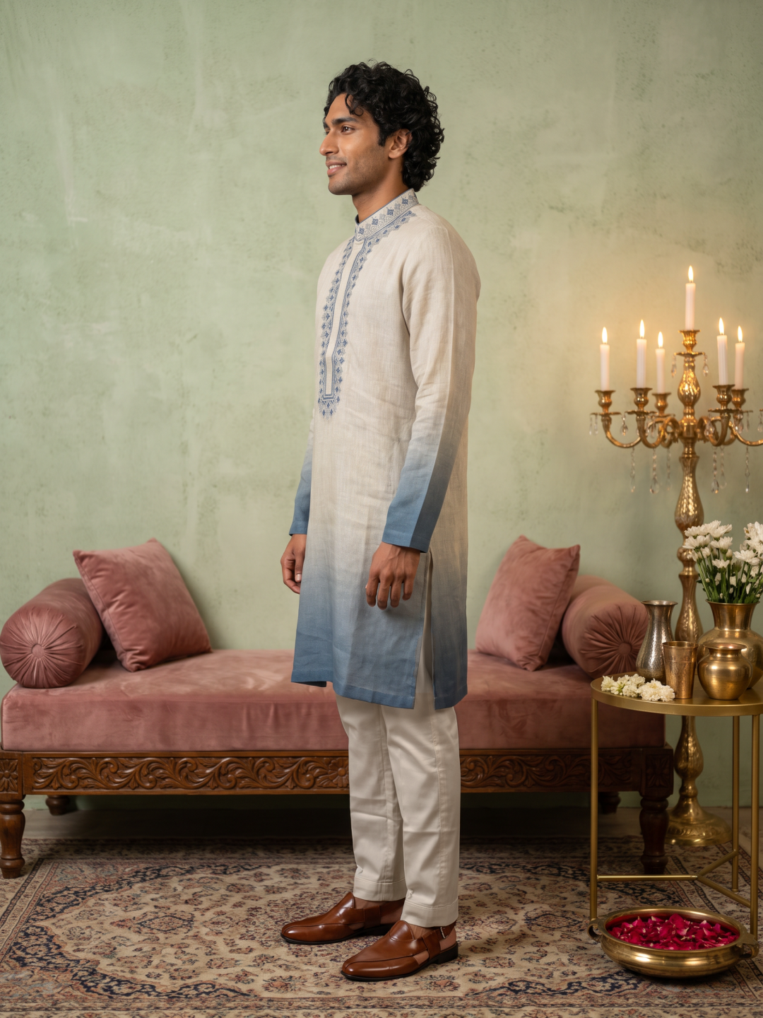 Indigo & Natural Ombré Linen Embroidered Kurta & Palazzo Set - KORANM