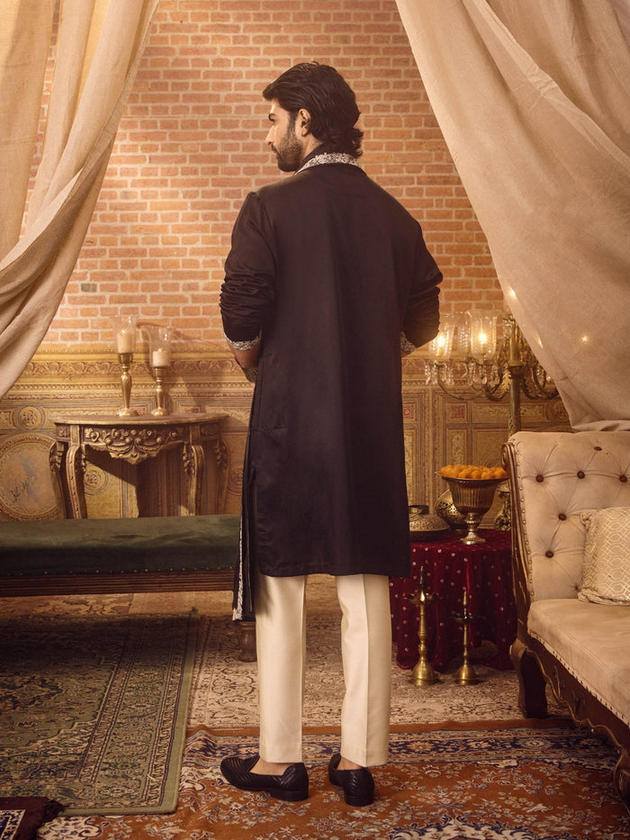 Classic Black Embroidered Satin Linen Kurta Set