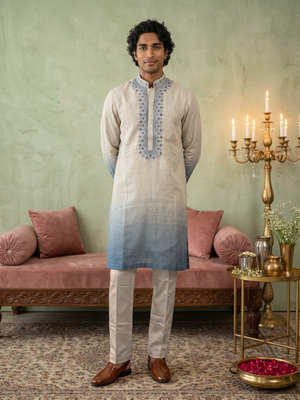 Indigo & Natural Ombré Linen Embroidered Kurta & Palazzo Set for Men