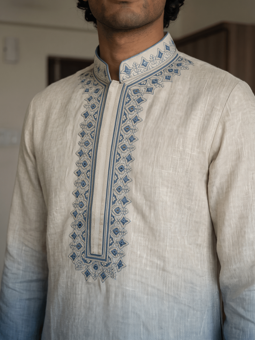 Indigo & Natural Ombré Linen Embroidered Kurta & Palazzo Set - KORANM