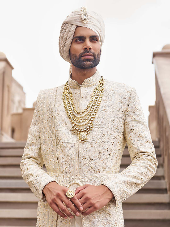 Frost Cream Embroidered Sherwani Set For Wedding
