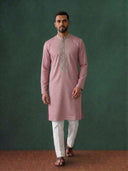 Pink Silk Kurta Set with White Aligarhi – Embroidered Ethnic Wear for Men