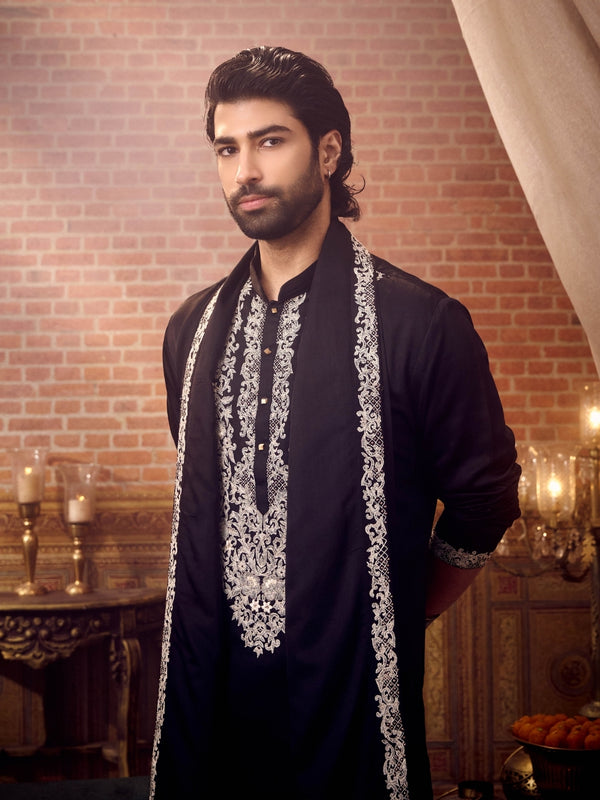 Classic Black Embroidered Satin Linen Kurta Set