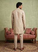 Natural Beige Linen Intricate Mirror Embroidered Kurta and Palazzo