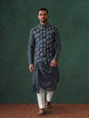 Navy Blue Silk Kurta Jacket Set with White Aligarhi for Men – Paisley Ethnic Wear - KORANM
