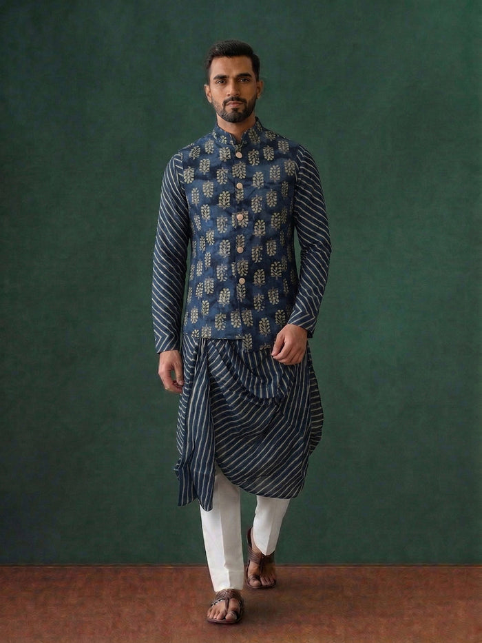 Navy Blue Silk Kurta Jacket Set with White Aligarhi for Men – Paisley Ethnic Wear - KORANM