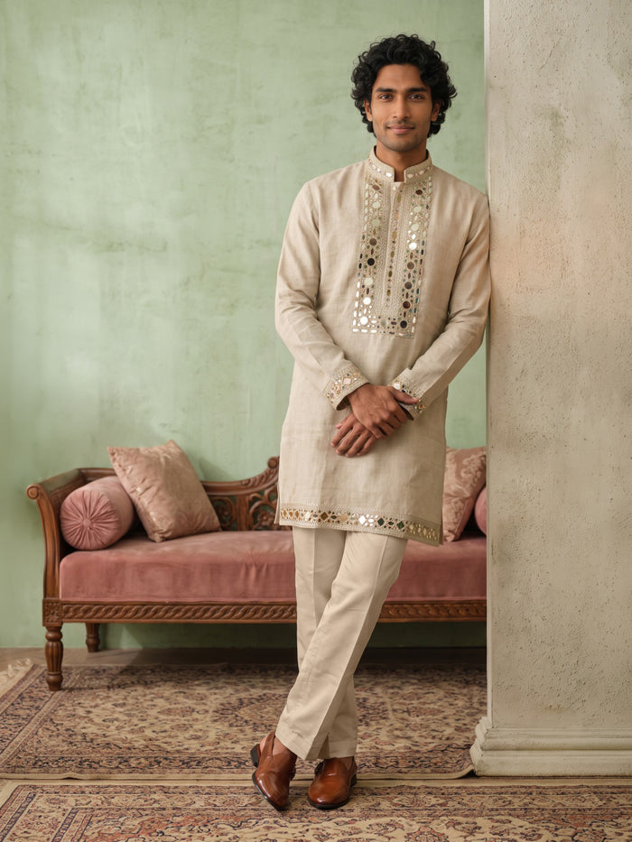 Natural Beige Linen Intricate Mirror Embroidered Kurta and Palazzo - KORANM