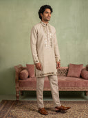 Natural Beige Linen Intricate Mirror Embroidered Kurta and Palazzo