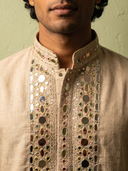 Natural Beige Linen Intricate Mirror Embroidered Kurta and Palazzo