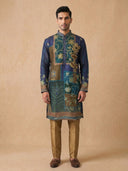 Navy Blue Kurta Set for Men in Silk with Floral Design & Aligarhi Style