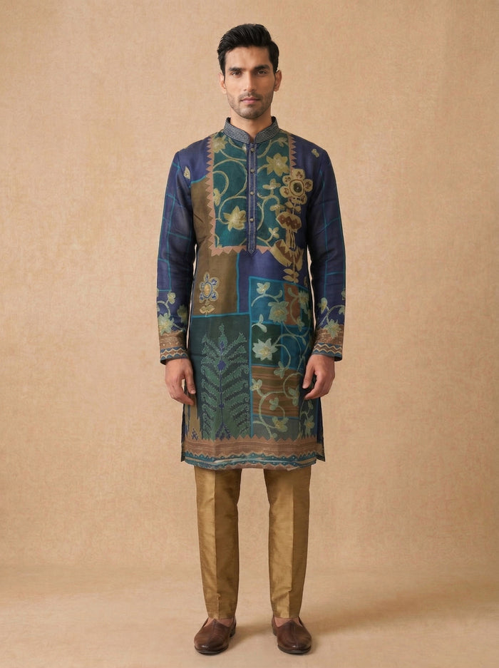 Navy Blue Kurta Set for Men in Silk with Floral Design & Aligarhi Style - KORANM