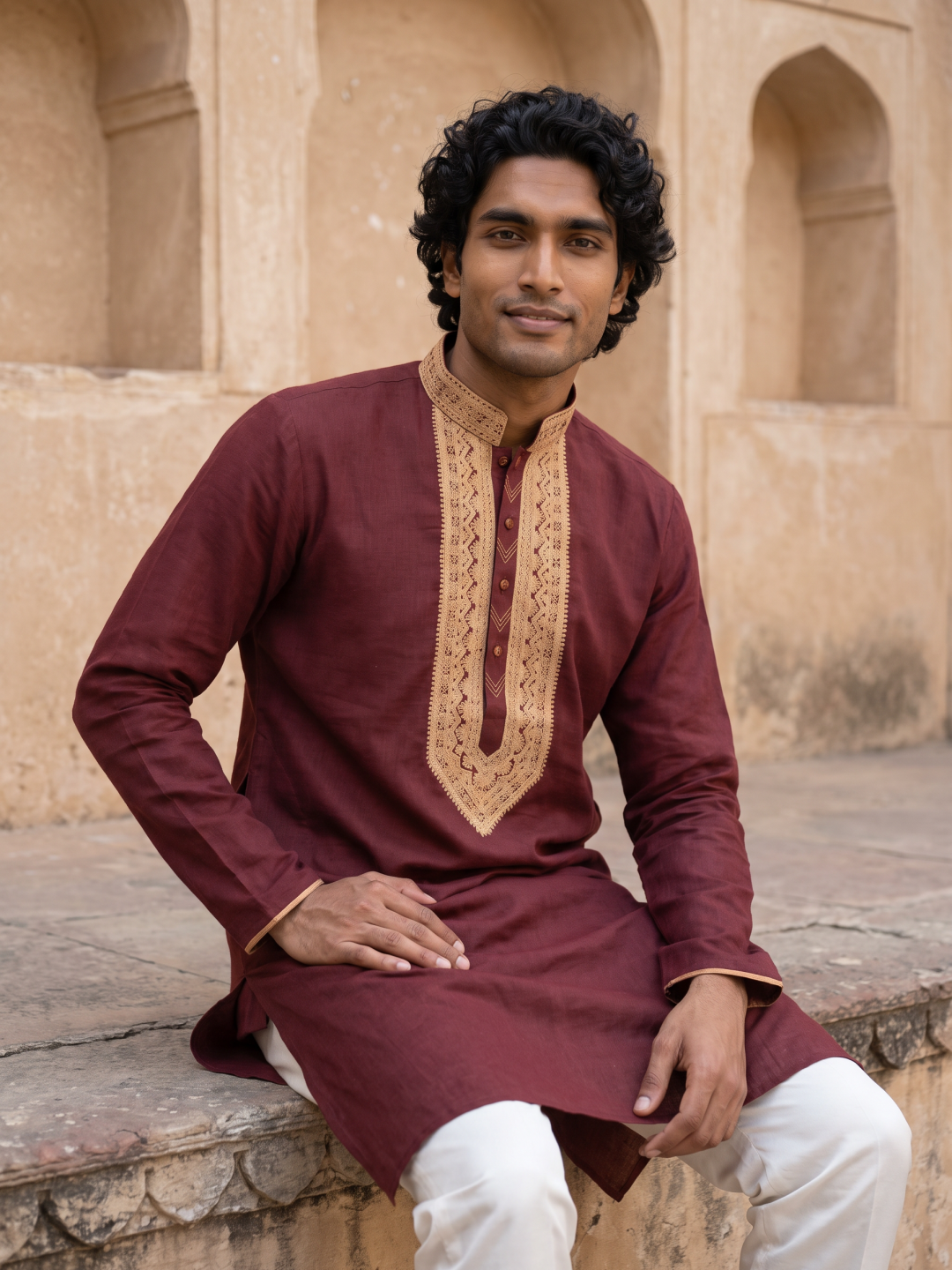 Wine Linen Embroidered Kurta and Palazzo - KORANM