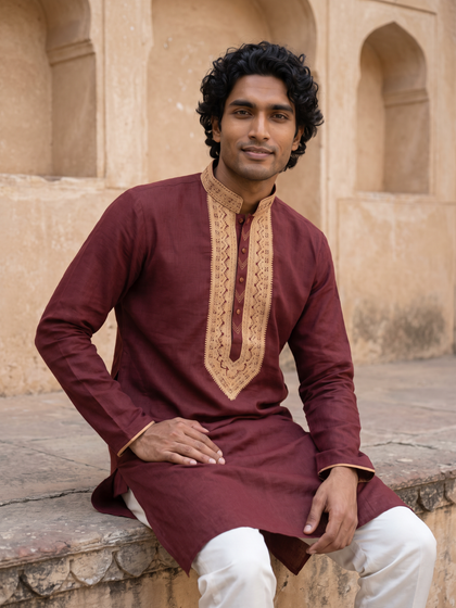 Wine Linen Embroidered Kurta and Palazzo