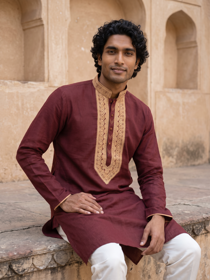 Wine Linen Embroidered Kurta and Palazzo - KORANM