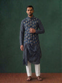 Navy Blue Silk Kurta Jacket Set with White Aligarhi for Men – Paisley Ethnic Wear - KORANM