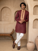 Wine Linen Embroidered Kurta and Palazzo
