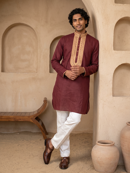 Wine Linen Embroidered Kurta and Palazzo