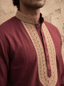 Wine Linen Embroidered Kurta and Palazzo