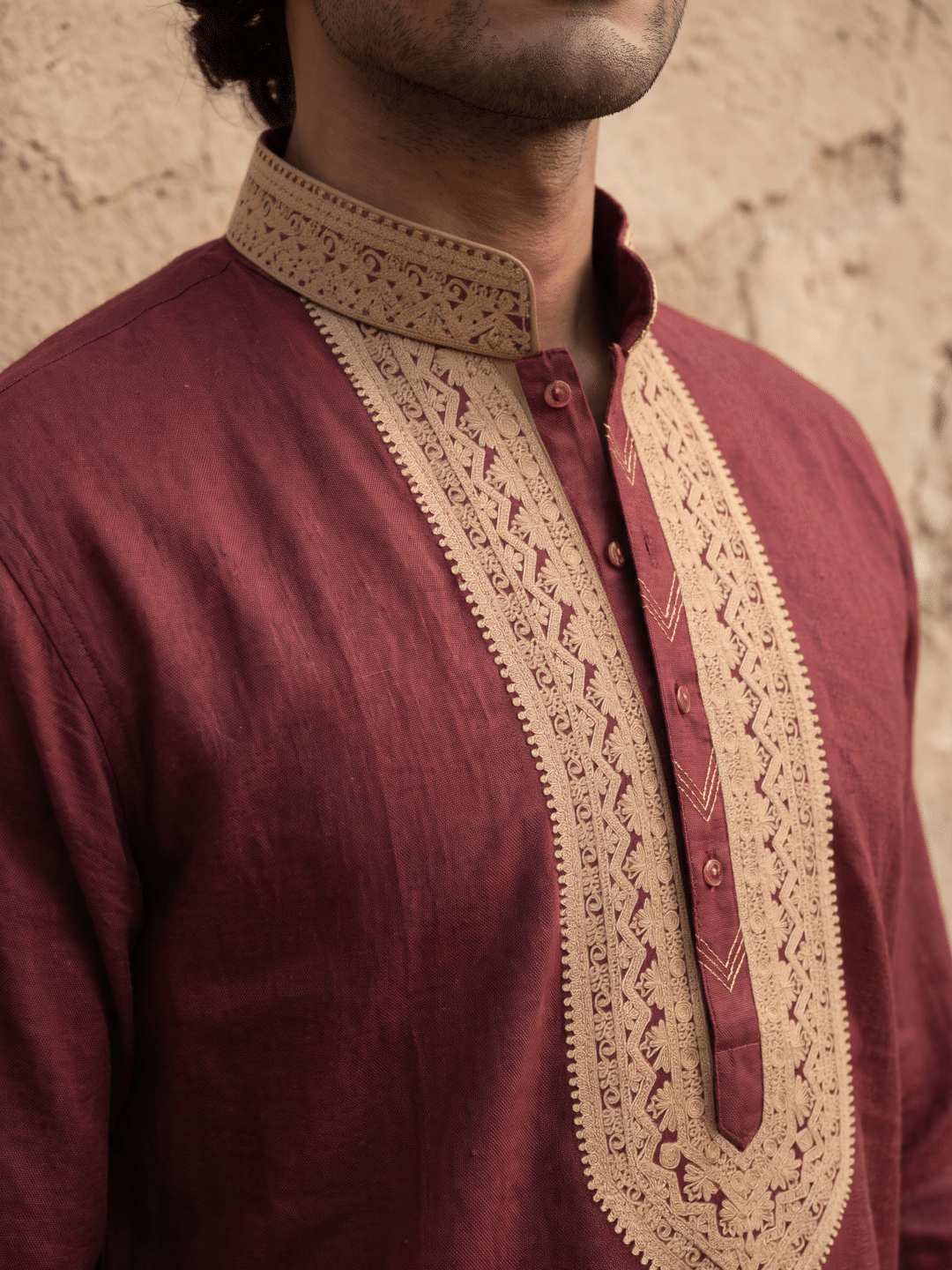 Wine Linen Embroidered Kurta and Palazzo - KORANM