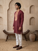 Wine Linen Embroidered Kurta and Palazzo