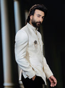 Side look Men’s cream Matka silk Bandhgala Jodhpuri set with matching pants – Kora by Nilesh Mitesh