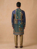 Navy Blue Kurta Set for Men in Silk with Floral Design & Aligarhi Style - KORANM