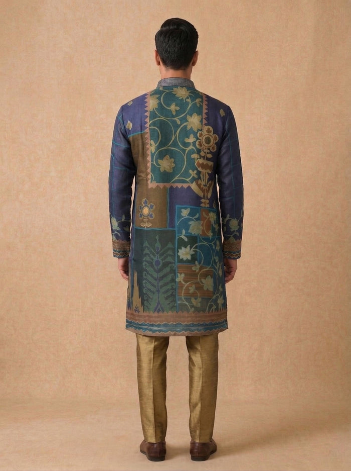 Navy Blue Kurta Set for Men in Silk with Floral Design & Aligarhi Style - KORANM