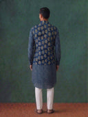Navy Blue Silk Kurta Jacket Set with White Aligarhi for Men – Paisley Ethnic Wear - KORANM