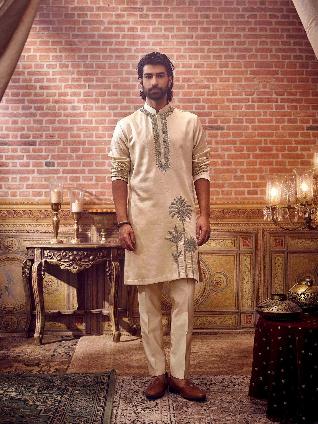 Classic Fawn Satin Linen Kurta Set - KORANM