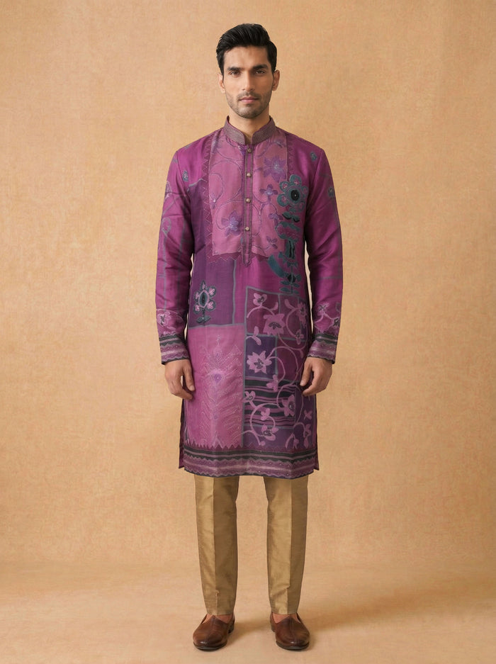 Magenta Kurta Set for Men in Silk with Floral Embroidery & Aligarhi Style - KORANM