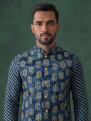 Navy Blue Silk Kurta Jacket Set with White Aligarhi for Men – Paisley Ethnic Wear - KORANM