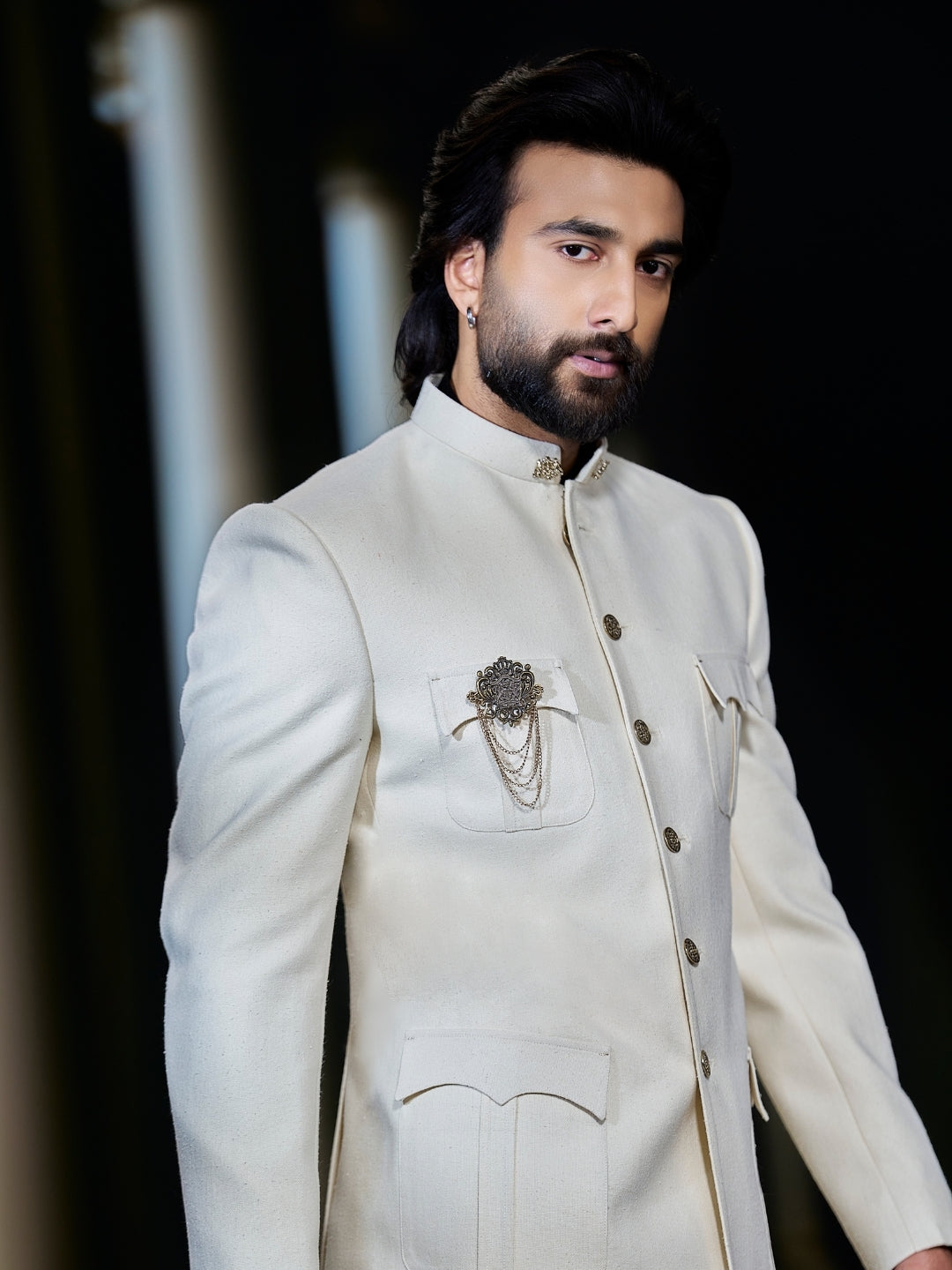 Kora by Nilesh Mitesh cream Matka silk Bandhgala set worn by Meezaan Jafri