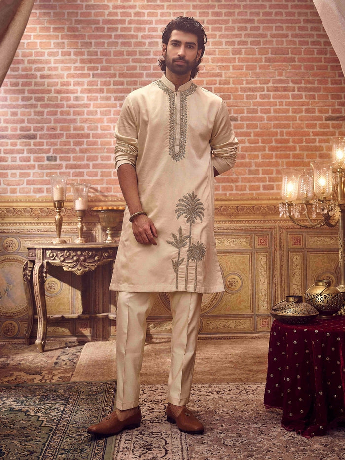 Classic Fawn Satin Linen Kurta Set - KORANM