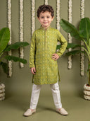 Green Bandhani Printed Cotton Linen Kurta with Cream Aligarhi Pants for Boys