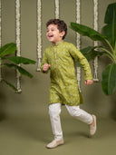 Green Bandhani Printed Cotton Linen Kurta with Cream Aligarhi Pants for Boys
