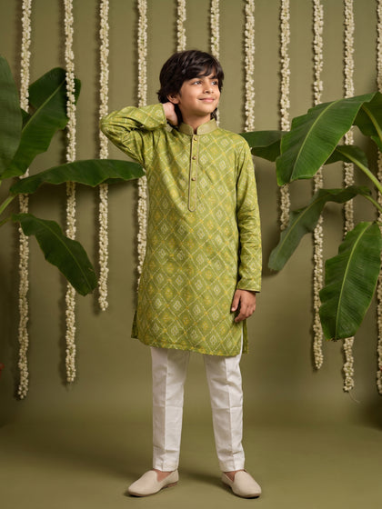 Green Bandhani Printed Cotton Linen Kurta with Cream Aligarhi Pants for Boys