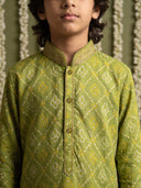 Green Bandhani Printed Cotton Linen Kurta with Cream Aligarhi Pants for Boys