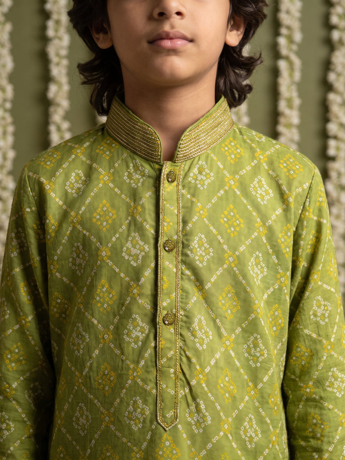 Green Bandhani Printed Cotton Linen Kurta with Cream Aligarhi Pants for Boys
