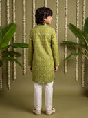 Green Bandhani Printed Cotton Linen Kurta with Cream Aligarhi Pants for Boys
