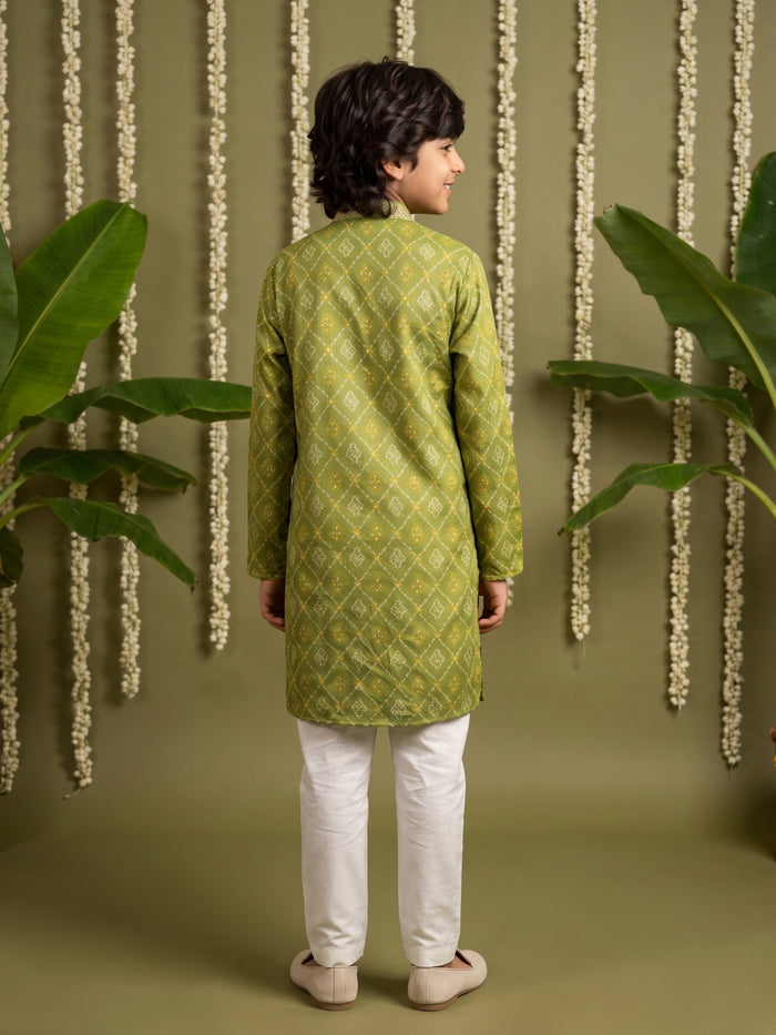 Green Bandhani Printed Cotton Linen Kurta with Cream Aligarhi Pants for Boys