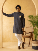 Navy Blue Linen Side-Open Royal Elephant Printed Kurta & White Aligarhi Set