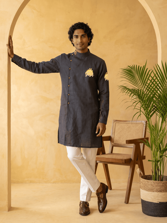 Navy Blue Linen Side-Open Royal Elephant Printed Kurta & White Aligarhi Set - KORANM