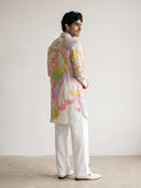 Natural Satin Linen Printed Kurta Set with White Palazzo for Men